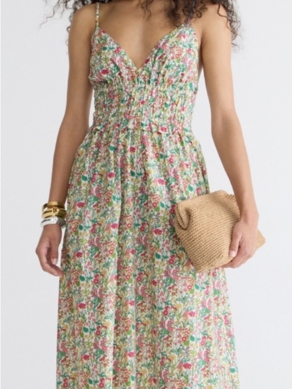 J. Crew Floral Smocked Midi Dress - Pink & Green - Picture 1 of 6